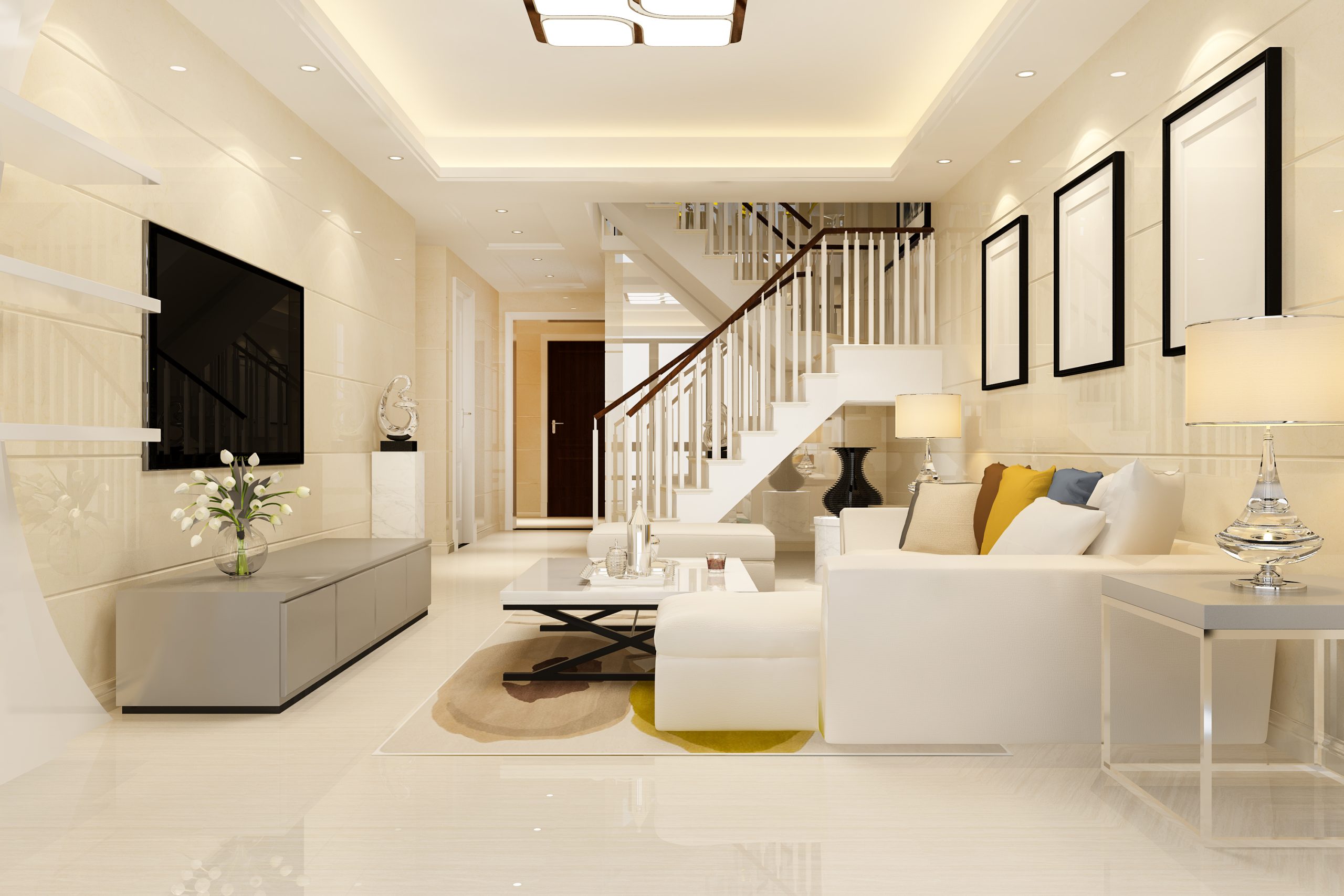 3d rendering white wood living room near bedroom upstair scaled